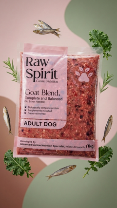Raw Spirit Goat Blend complete and balanced raw dog food, 1 kg pack for adult dogs