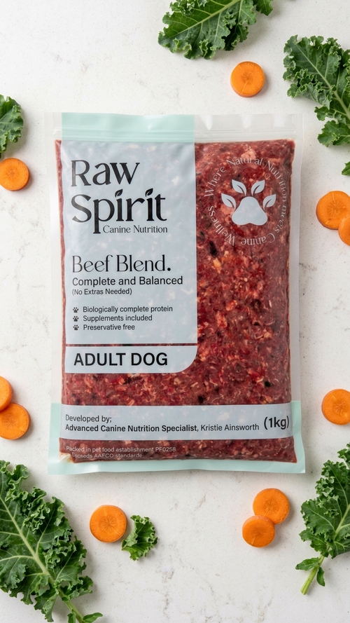 Raw Spirit Beef Blend complete and balanced raw dog food, 1 kg pack for adult dogs
