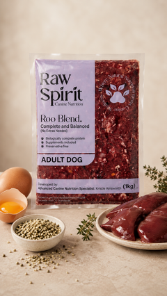 Raw Spirit Roo Blend complete and balanced raw dog food, 1 kg pack for adult dogs
