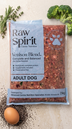 Raw Spirit Venison Blend complete and balanced raw dog food, 1 kg pack for adult dogs