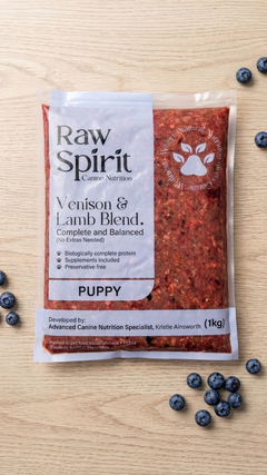 Raw Spirit Venison and Lamb Blend complete and balanced raw dog food, 1 kg pack for puppies